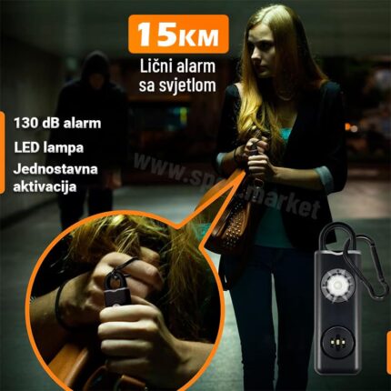 Lični sigurnosni alarm sa 130 dB sirenom, LED svjetlom i punjivom baterijom – idealan za žene, djecu i starije osobe, za zaštitu u hitnim situacijama.