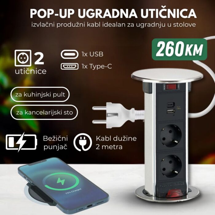 Izvlačna ugradna utičnica za sto - 15W Wireless punjač, 2x Schuko, USB + TypeC - Image 1