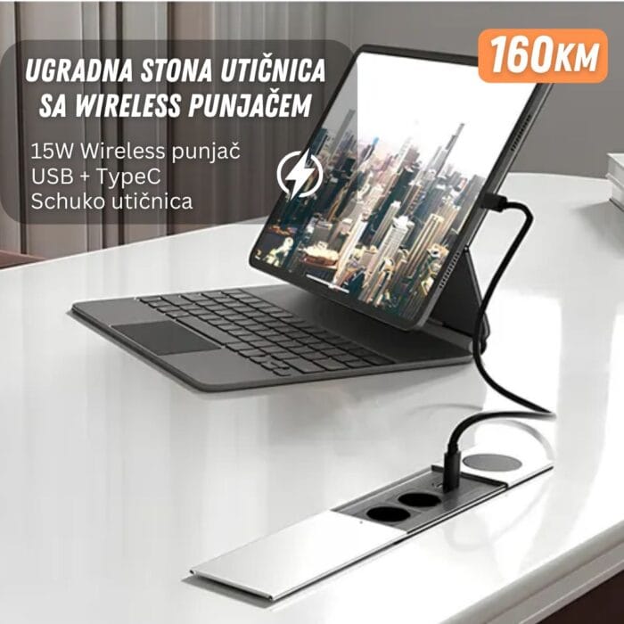 Ugradna stona utičnica sa wireless punjačem - 15W Wireless punjač, 1x Schuko, 1x USB + Type C - Image 1