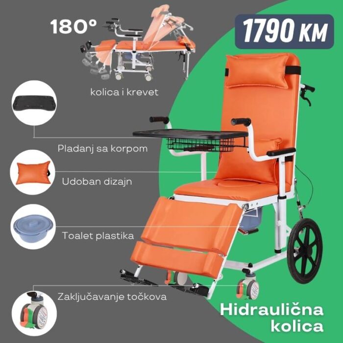 Hidraulična kolica za prijenos i njegu pacijenata – 180° ležanje, toalet i tuš funkcija - Image 1