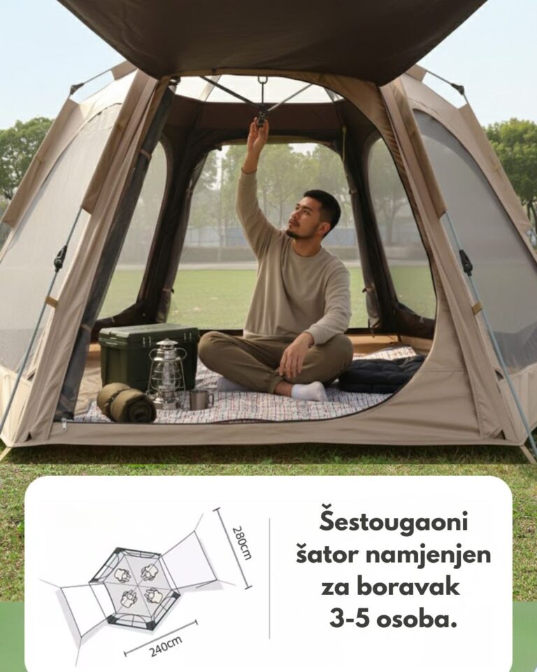 Prostrana unutrašnjost šatora visine 150cm sa kamp opremom i dušecima
