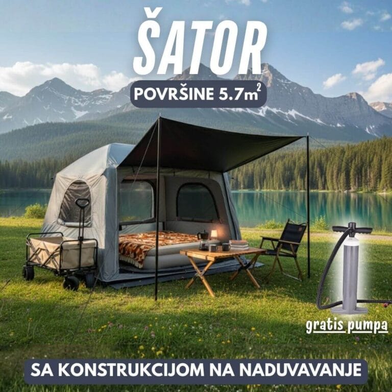 Luksuzni šator na naduvavanje sa vazdušnim stubovima i nadstrešnicom u prirodi.