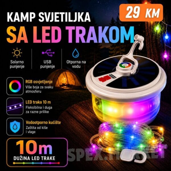 Solarna viseća RGB svjetiljka sa LED trakom 10m