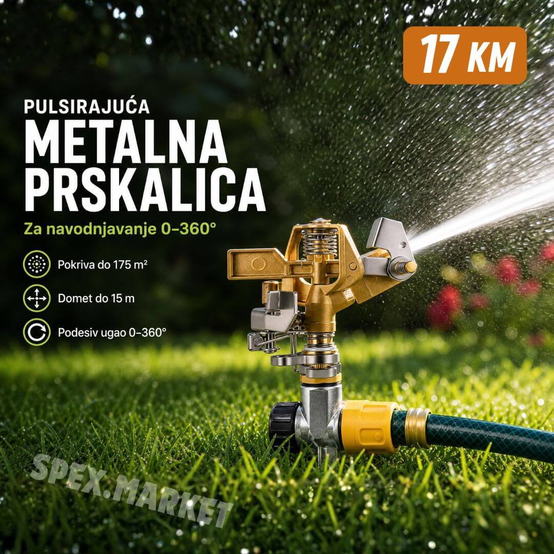 Pulsirajuća metalna prskalica za navodnjavanje naslovna1 Pulsirajuća metalna prskalica za navodnjavanje 0-360° - Do 175 m² pokrivenosti - Image 1